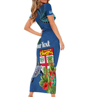 Fiji Independence Day Short Sleeve Bodycon Dress Fijian Coat of Arms Palm and Hibiscus Tapa Pattern