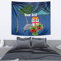 Personalised Fiji Independence Day Tapestry Fijian Coat of Arms Palm and Hibiscus Tapa Pattern
