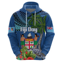 Fiji Independence Day Zip Hoodie Fijian Coat of Arms Palm and Hibiscus Tapa Pattern