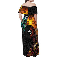New Zealand and Australia Together Family Matching Off Shoulder Maxi Dress and Hawaiian Shirt Maori Tattoo Paua Shell mix Aboriginal Pattern