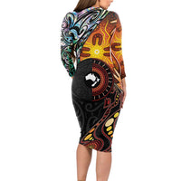 New Zealand and Australia Together Long Sleeve Bodycon Dress Maori Tattoo Paua Shell mix Aboriginal Pattern