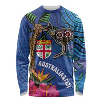 Fiji and Australia Together Long Sleeve Shirt Aboriginal Kangaroo and Tapa Tribal Hibiscus LT03 Unisex Blue - Polynesian Pride