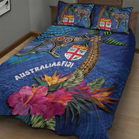Fiji and Australia Together Quilt Bed Set Aboriginal Kangaroo and Tapa Tribal Hibiscus