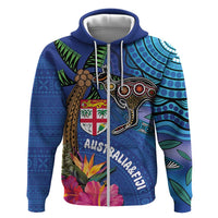 Fiji and Australia Together Zip Hoodie Aboriginal Kangaroo and Tapa Tribal Hibiscus LT03 Zip Hoodie Blue - Polynesian Pride