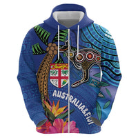 Fiji and Australia Together Zip Hoodie Aboriginal Kangaroo and Tapa Tribal Hibiscus LT03 - Polynesian Pride