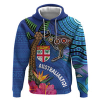 Fiji and Australia Together Zip Hoodie Aboriginal Kangaroo and Tapa Tribal Hibiscus LT03 Pullover Hoodie Blue - Polynesian Pride