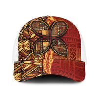 Samoan Pacific Tribal Flower Geometric Art Tattoos Baseball Net Cap Siapo Pattern Flame Sunset LT03 One Size White Red - Polynesian Pride