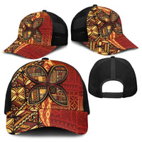 Samoan Pacific Tribal Flower Geometric Art Tattoos Baseball Net Cap Siapo Pattern Flame Sunset - Polynesian Pride
