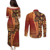 Samoan Pacific Tribal Flower Geometric Art Tattoos Couples Matching Puletasi and Long Sleeve Button Shirt Siapo Pattern Flame Sunset - Polynesian Pride