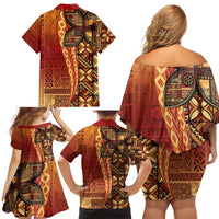 Samoan Pacific Tribal Flower Geometric Art Tattoos Family Matching Off Shoulder Short Dress and Hawaiian Shirt Siapo Pattern Flame Sunset - Polynesian Pride