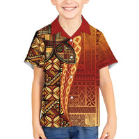 Samoan Pacific Tribal Flower Geometric Art Tattoos Family Matching Off Shoulder Short Dress and Hawaiian Shirt Siapo Pattern Flame Sunset - Polynesian Pride
