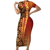 Samoan Pacific Tribal Flower Geometric Art Tattoos Short Sleeve Bodycon Dress Siapo Pattern Flame Sunset - Polynesian Pride