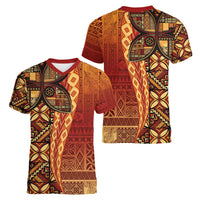 Samoan Pacific Tribal Flower Geometric Art Tattoos Women V-Neck T-Shirt Siapo Pattern Flame Sunset - Polynesian Pride