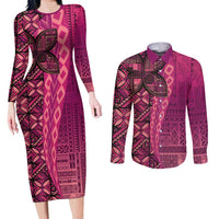 Samoan Pacific Tribal Flower Geometric Art Tattoos Couples Matching Long Sleeve Bodycon Dress and Long Sleeve Button Shirt Siapo Pattern Romantic Rose - Polynesian Pride