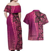 Samoan Pacific Tribal Flower Geometric Art Tattoos Couples Matching Off Shoulder Maxi Dress and Hawaiian Shirt Siapo Pattern Romantic Rose - Polynesian Pride