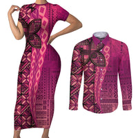 Samoan Pacific Tribal Flower Geometric Art Tattoos Couples Matching Short Sleeve Bodycon Dress and Long Sleeve Button Shirt Siapo Pattern Romantic Rose - Polynesian Pride