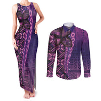 Samoan Pacific Tribal Flower Geometric Art Tattoos Couples Matching Tank Maxi Dress and Long Sleeve Button Shirt Siapo Pattern Purple Haze - Polynesian Pride