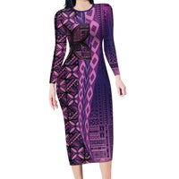 Samoan Pacific Tribal Flower Geometric Art Tattoos Family Matching Long Sleeve Bodycon Dress and Hawaiian Shirt Siapo Pattern Purple Haze - Polynesian Pride
