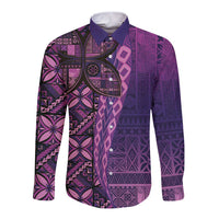 Samoan Pacific Tribal Flower Geometric Art Tattoos Long Sleeve Button Shirt Siapo Pattern Purple Haze - Polynesian Pride