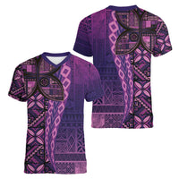 Samoan Pacific Tribal Flower Geometric Art Tattoos Women V-Neck T-Shirt Siapo Pattern Purple Haze - Polynesian Pride