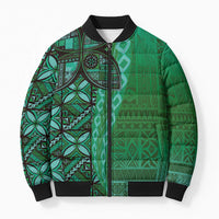 Samoan Pacific Tribal Flower Geometric Art Tattoos Bomber Puffer Jacket Siapo Pattern Emerald Glow - Polynesian Pride