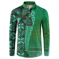 Samoan Pacific Tribal Flower Geometric Art Tattoos Button Sweatshirt Siapo Pattern Emerald Glow - Polynesian Pride