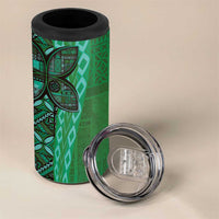 Samoan Pacific Tribal Flower Geometric Art Tattoos 4 in 1 Can Cooler Tumbler Siapo Pattern Emerald Glow - Polynesian Pride