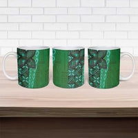 Samoan Pacific Tribal Flower Geometric Art Tattoos Ceramic Mug Siapo Pattern Emerald Glow - Polynesian Pride