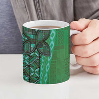 Samoan Pacific Tribal Flower Geometric Art Tattoos Ceramic Mug Siapo Pattern Emerald Glow - Polynesian Pride