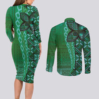 Samoan Pacific Tribal Flower Geometric Art Tattoos Couples Matching Long Sleeve Bodycon Dress and Long Sleeve Button Shirt Siapo Pattern Emerald Glow - Polynesian Pride