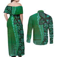 Samoan Pacific Tribal Flower Geometric Art Tattoos Couples Matching Off Shoulder Maxi Dress and Long Sleeve Button Shirt Siapo Pattern Emerald Glow - Polynesian Pride
