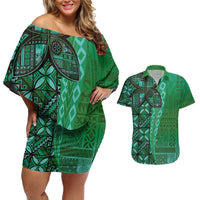 Samoan Pacific Tribal Flower Geometric Art Tattoos Couples Matching Off Shoulder Short Dress and Hawaiian Shirt Siapo Pattern Emerald Glow - Polynesian Pride