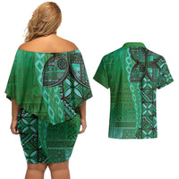 Samoan Pacific Tribal Flower Geometric Art Tattoos Couples Matching Off Shoulder Short Dress and Hawaiian Shirt Siapo Pattern Emerald Glow - Polynesian Pride