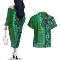 Samoan Pacific Tribal Flower Geometric Art Tattoos Couples Matching Off The Shoulder Long Sleeve Dress and Hawaiian Shirt Siapo Pattern Emerald Glow - Polynesian Pride