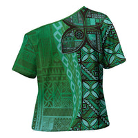 Samoan Pacific Tribal Flower Geometric Art Tattoos Cross Shoulder Shirt Siapo Pattern Emerald Glow - Polynesian Pride