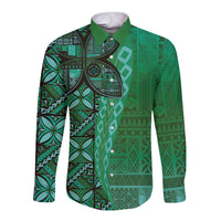 Samoan Pacific Tribal Flower Geometric Art Tattoos Long Sleeve Button Shirt Siapo Pattern Emerald Glow - Polynesian Pride
