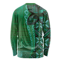 Samoan Pacific Tribal Flower Geometric Art Tattoos Long Sleeve Shirt Siapo Pattern Emerald Glow - Polynesian Pride