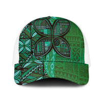 Samoan Pacific Tribal Flower Geometric Art Tattoos Mesh Trucker Cap Siapo Pattern Emerald Glow LT03 One Size White Green - Polynesian Pride