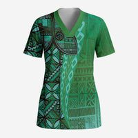 Samoan Pacific Tribal Flower Geometric Art Tattoos Scrub Top Siapo Pattern Emerald Glow - Polynesian Pride