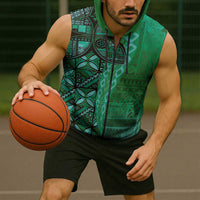 Samoan Pacific Tribal Flower Geometric Art Tattoos Sleeveless Zip Hoodie Siapo Pattern Emerald Glow LT03 - Polynesian Pride