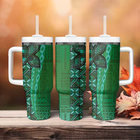 Samoan Pacific Tribal Flower Geometric Art Tattoos Tumbler With Handle Siapo Pattern Emerald Glow - Polynesian Pride