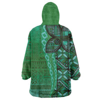Samoan Pacific Tribal Flower Geometric Art Tattoos Wearable Blanket Hoodie Siapo Pattern Emerald Glow - Polynesian Pride