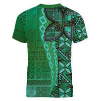 Samoan Pacific Tribal Flower Geometric Art Tattoos Women V-Neck T-Shirt Siapo Pattern Emerald Glow - Polynesian Pride