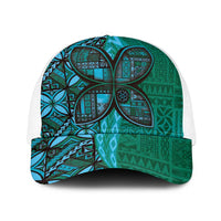 Samoan Pacific Tribal Flower Geometric Art Tattoos Baseball Net Cap Siapo Pattern Turquoise Tide - Polynesian Pride