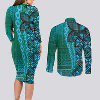 Samoan Pacific Tribal Flower Geometric Art Tattoos Couples Matching Long Sleeve Bodycon Dress and Long Sleeve Button Shirt Siapo Pattern Turquoise Tide - Polynesian Pride