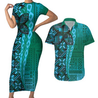 Samoan Pacific Tribal Flower Geometric Art Tattoos Couples Matching Short Sleeve Bodycon Dress and Hawaiian Shirt Siapo Pattern Turquoise Tide - Polynesian Pride