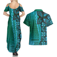 Samoan Pacific Tribal Flower Geometric Art Tattoos Couples Matching Summer Maxi Dress and Hawaiian Shirt Siapo Pattern Turquoise Tide - Polynesian Pride