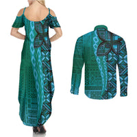 Samoan Pacific Tribal Flower Geometric Art Tattoos Couples Matching Summer Maxi Dress and Long Sleeve Button Shirt Siapo Pattern Turquoise Tide - Polynesian Pride