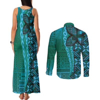 Samoan Pacific Tribal Flower Geometric Art Tattoos Couples Matching Tank Maxi Dress and Long Sleeve Button Shirt Siapo Pattern Turquoise Tide - Polynesian Pride