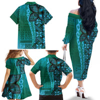 Samoan Pacific Tribal Flower Geometric Art Tattoos Family Matching Off The Shoulder Long Sleeve Dress and Hawaiian Shirt Siapo Pattern Turquoise Tide - Polynesian Pride